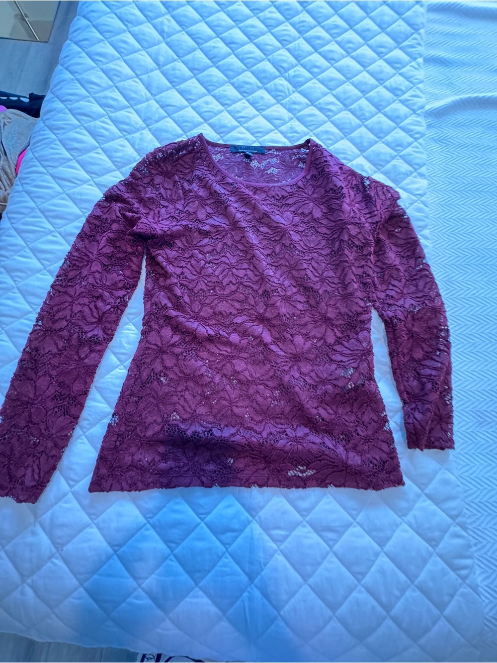 White House Black Market Burgundy Floral Lace Long-Sleeve Top
